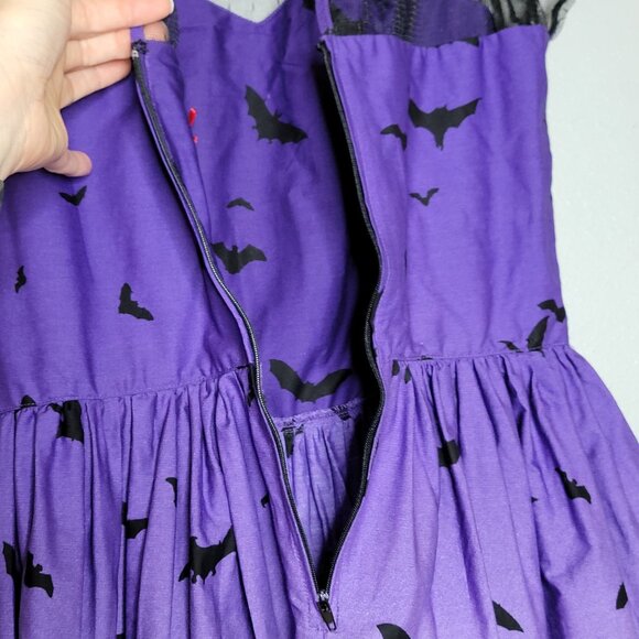Purple Rockabilly Goth Punk Halloween Dress Bats Haunted House Print Sheer Mesh - Picture 8 of 11